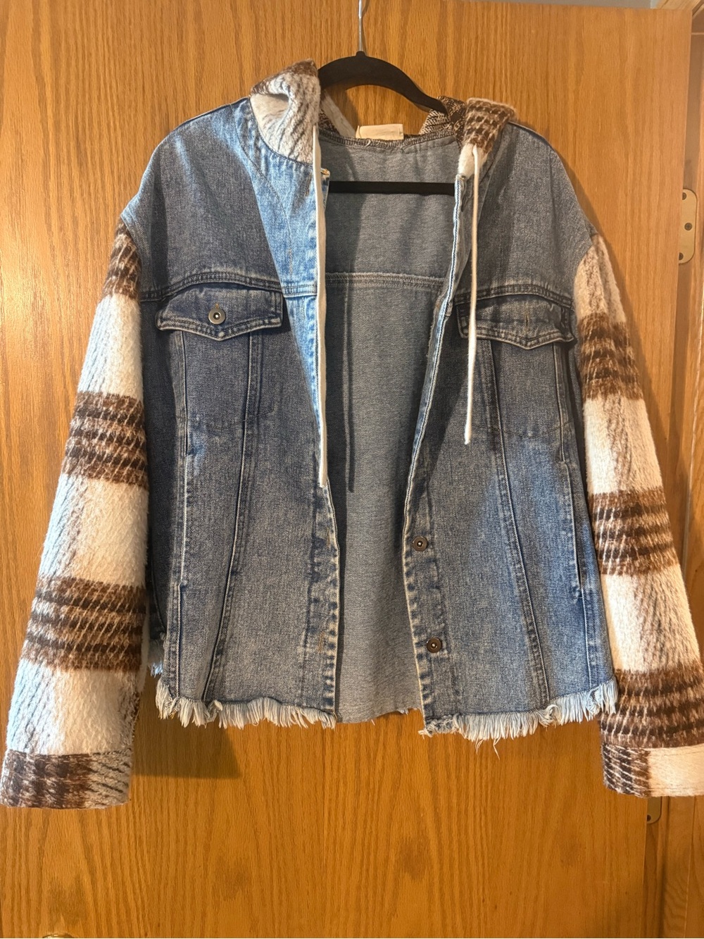 Denim Hooded Jacket with Plaid Knit Sleeves - Blue and Brown